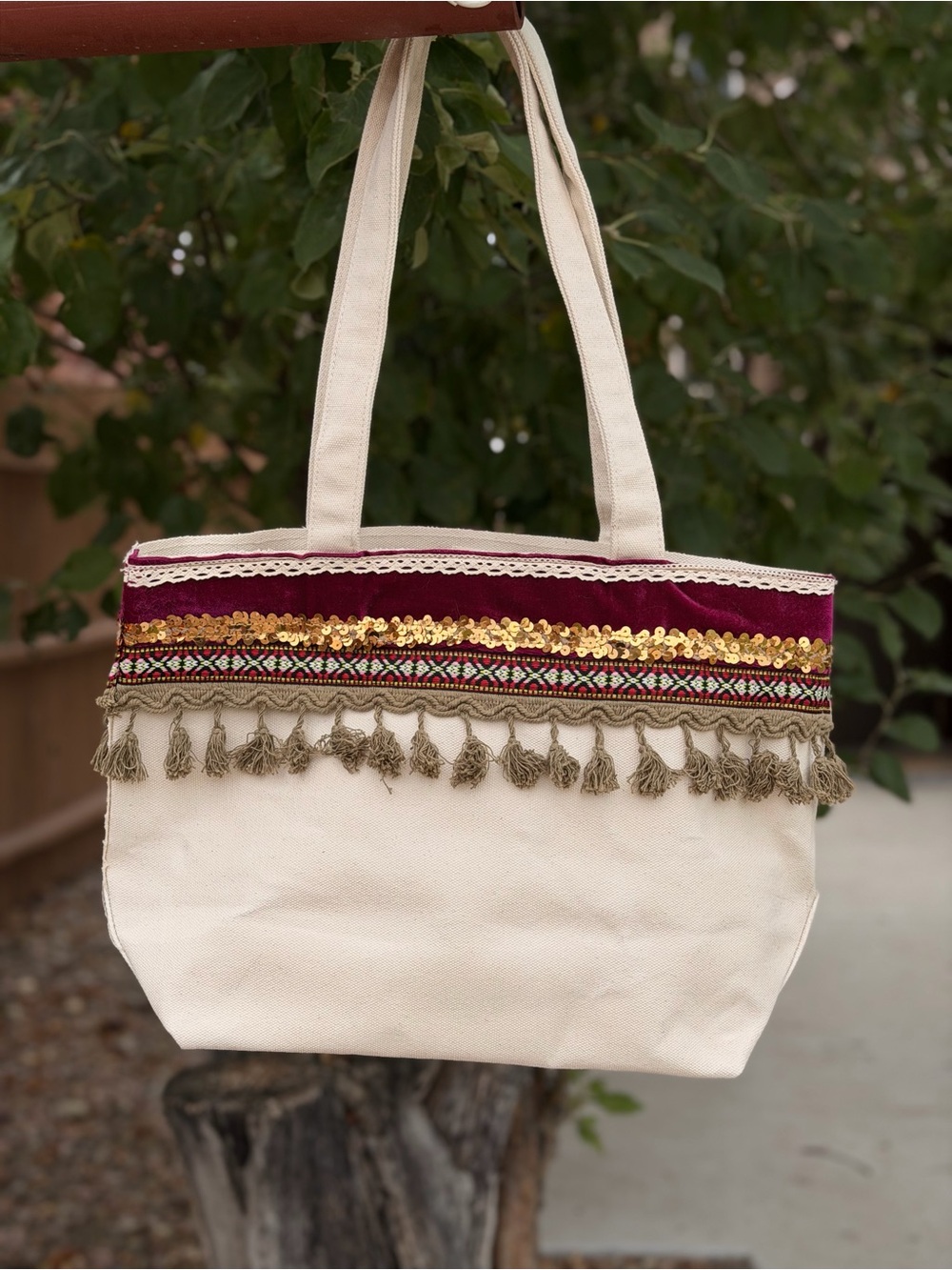 NATURAL LIFE Cream Canvas Tote with Burgundy & Gold Trim